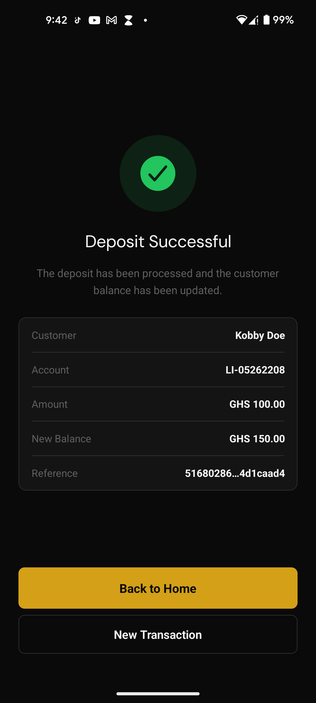 DigiCollect deposit success screen