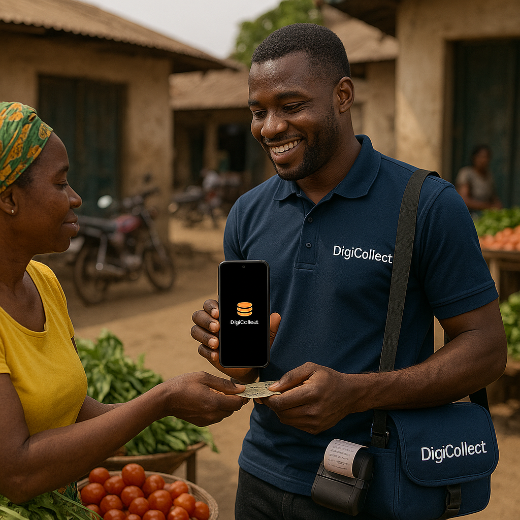 Agent collecting deposit from market woman in African market