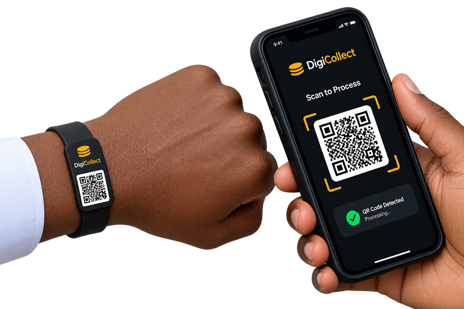 A printed QR customer card and wristband used with the DigiCollect mobile app to open a customer profile